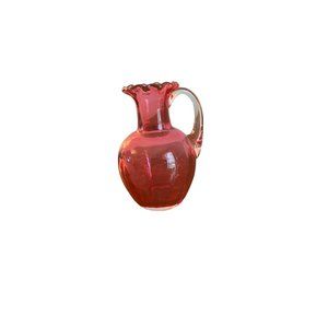 Hand Blown Glass Pitcher with Ruffled Rim Cranberry and Clear Pitcher Vase 4.25